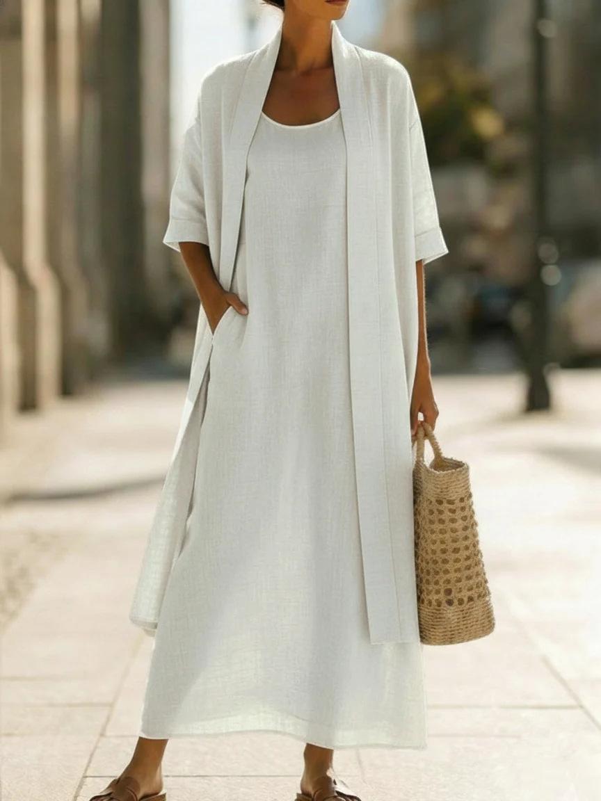 Europe, America, cross-border Amazon foreign trade new women s clothing simple, loose, comfortable and fashionable cotton and linen two-piece dress S белый