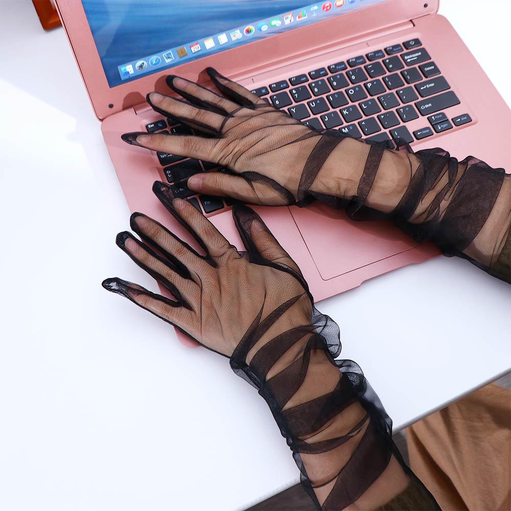 Long Fashion Women Sheer Tulle Full Finger Lace Mitten Women Gloves Thin Gloves Five Fingers Mitts