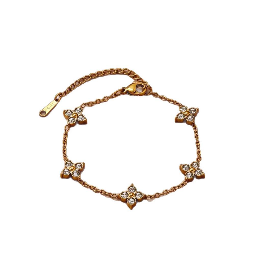 Women's Four-Leaf Clover Bracelet, 18K Gold Stainless Steel with Cubic Zirconia