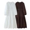 Women's European American Lace Trim V-Neck Long Sleeve Dress