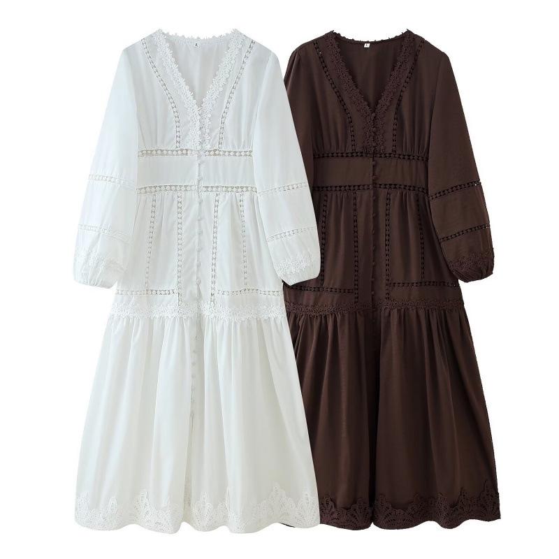Women's European American Lace Trim V-Neck Long Sleeve Dress