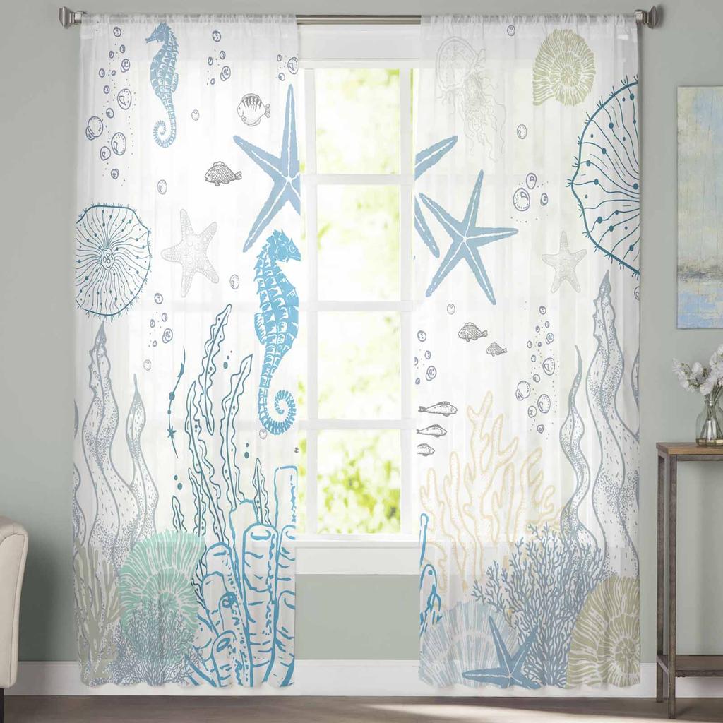 Marine Coral Seahorse Conch Window Tulle Curtains for Living Room Bedroom Hotel Luxury Decoration Sheer Curtains