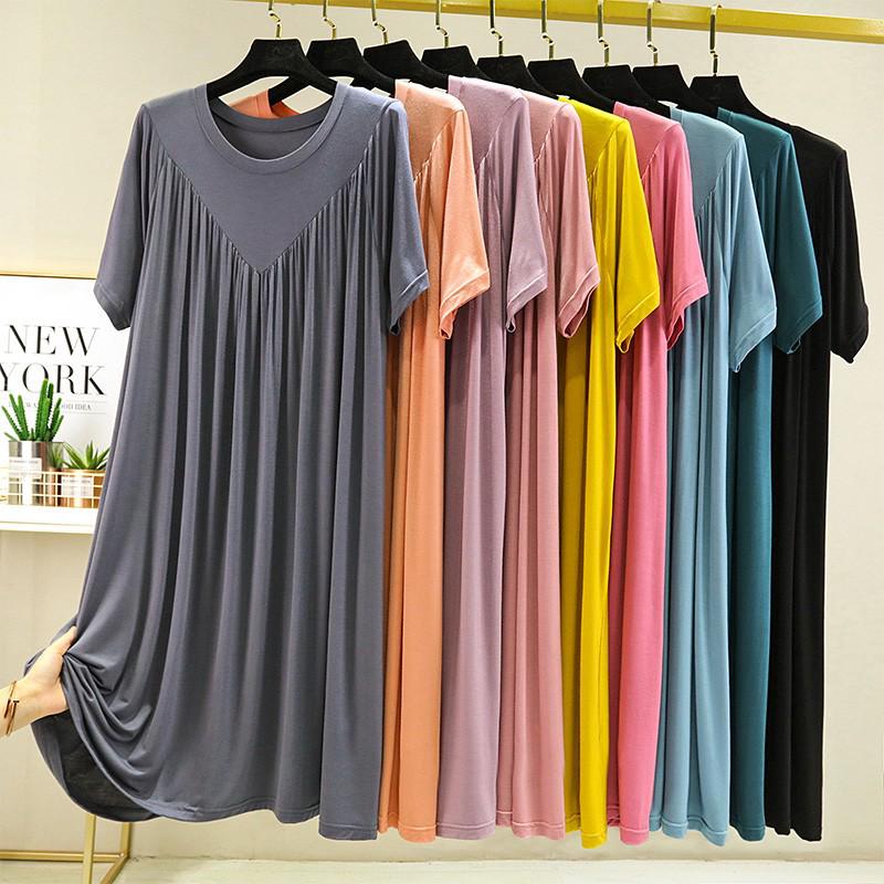 Modal Plus Size Summer Pleated Nightgown for Women – Loose, Mid-Length Home Dress