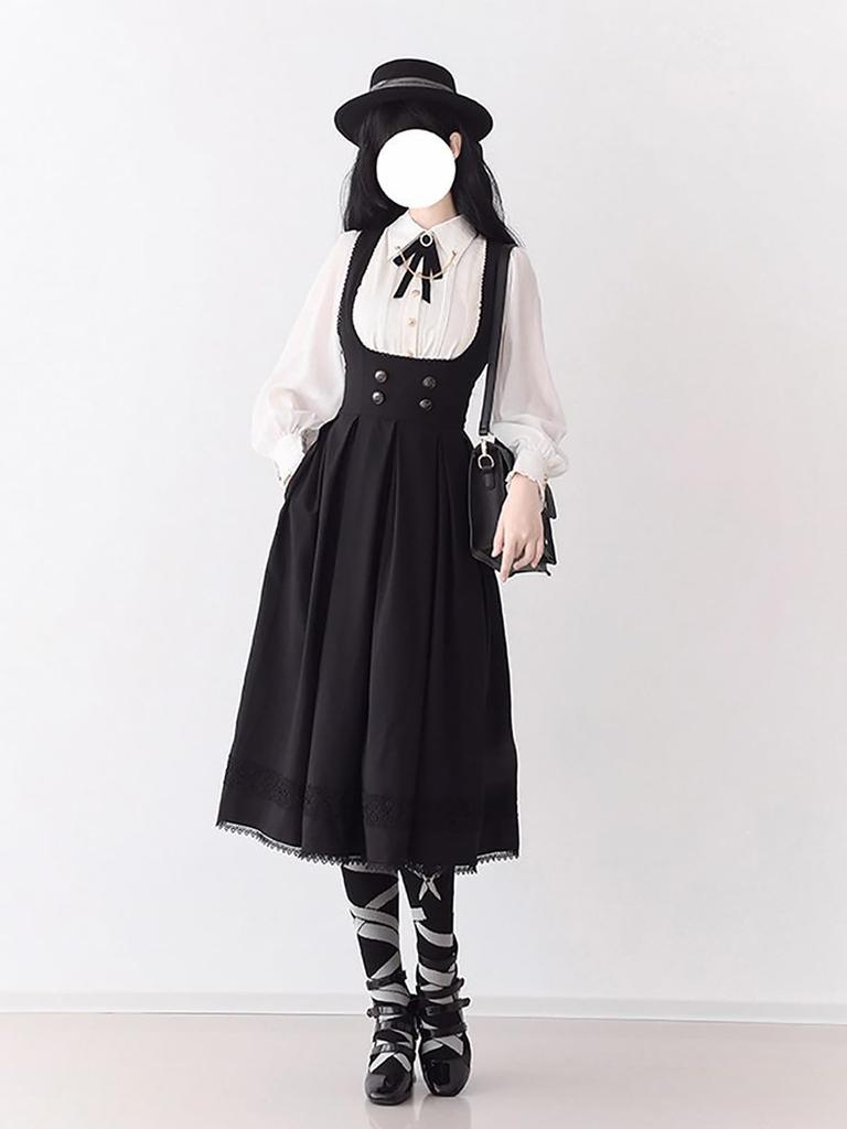 Gothic Lolita Blouse and Suspender Long Sleeves with Detachable French High Mori Girl Black and Size XL [XHSUKADO] 2-Piece Set Skirt, Ribbons, Girly,