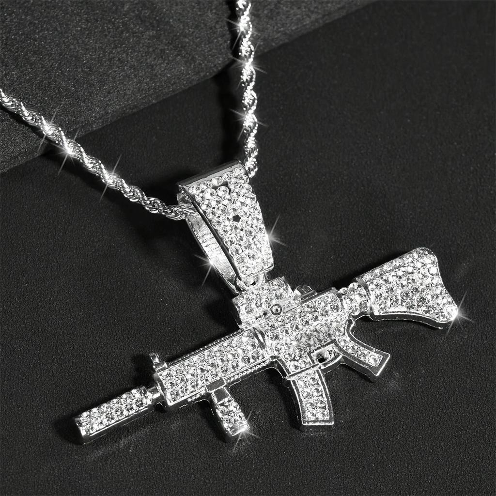 Módní HipHop Ak47 Samopal Přívěsek Náhrdelník Pro Muže Křišťálový Kubánský Řetízek Iced Out Bling Náhrdelník Punk Rock Bikerská Šperkařství