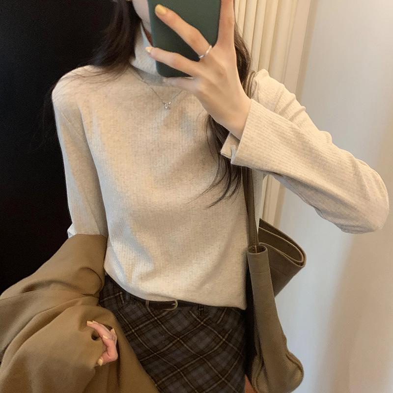 

Однотонная рубашка с высоким воротником и внутренней отделкой в полоску для женщин, новая осенне-зимняя мягкая и вощеная свободная утягивающая универсальная футболка с длинными рукавами XL