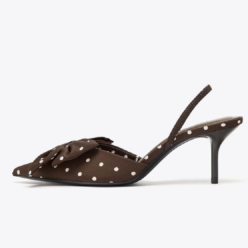 Fashion Polka Dot Print Butterfly Knot Decoration High Heels Women Sexy Pointed Toe Stretchy Back Strap Design Pumps Elegant Dress Shoes