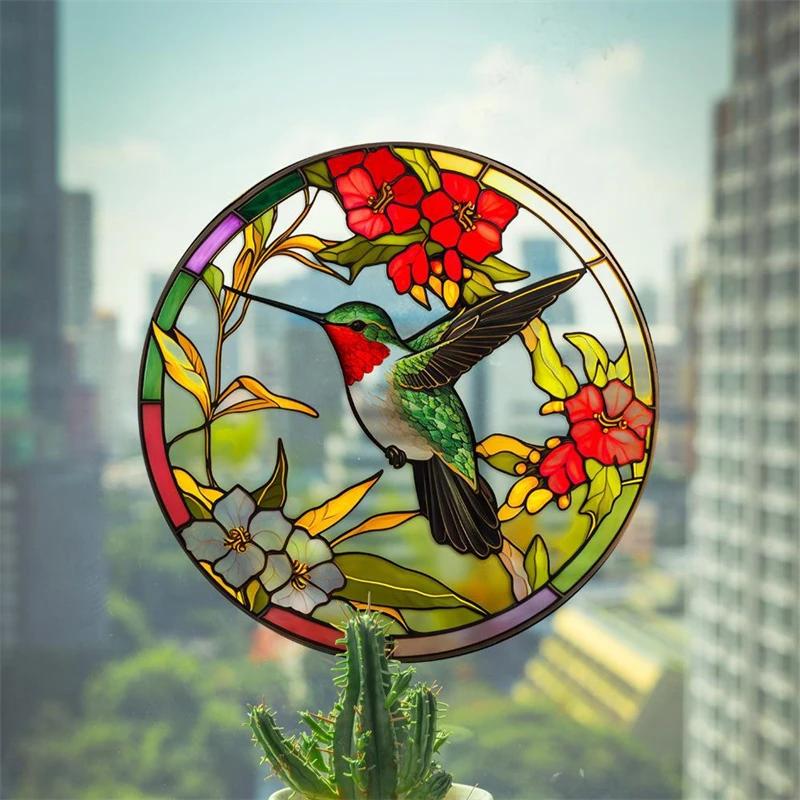 2D Flat Retro Stained Hummingbird Butterfly Flower Acrylic Decoration Sign, Home Decor Plaque Hanging Wall Art Decorative Garden Decoration for Room D 25.4*25.4CM