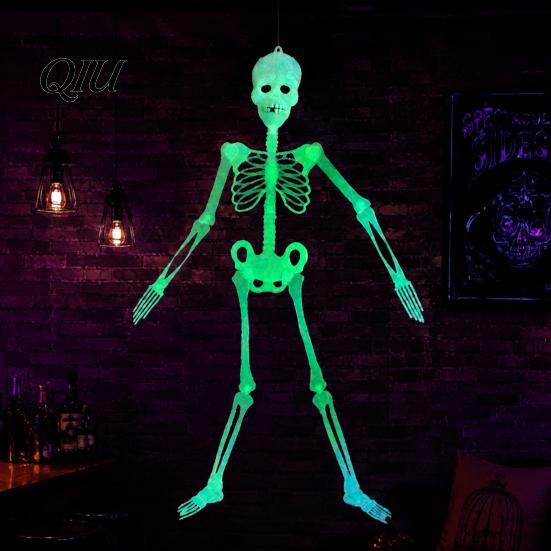 Glow Skeleton for Window Halloween Decor, 90cm-1.5m Fluorescent Fake Skull Prop Hanging Ghost Decorations Haunted House, Articulated Plastic Bar Party