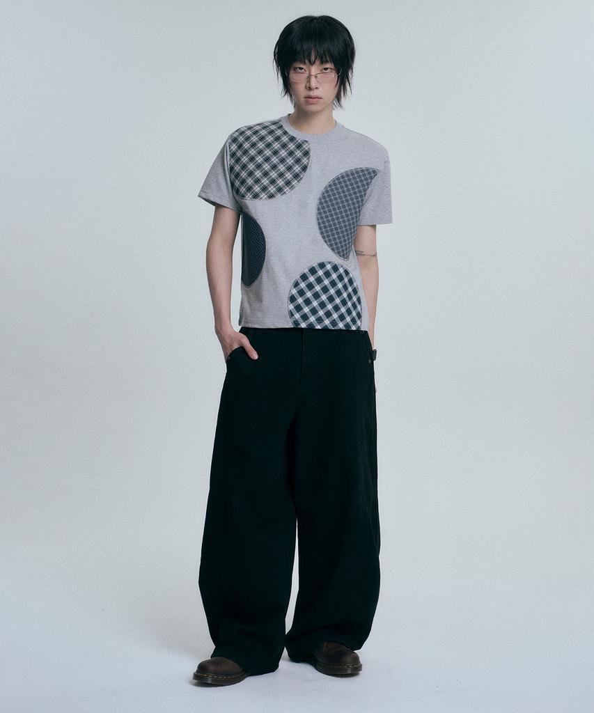 MOO Check Circle Patchwork Short Sleeve T-Shirt - Gray