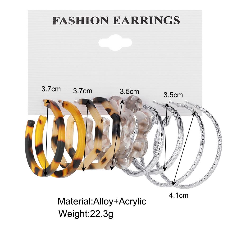 5-Pair Retro Leopard & Floral C-Shaped Earrings Set - Creative Personality Silver Hoops