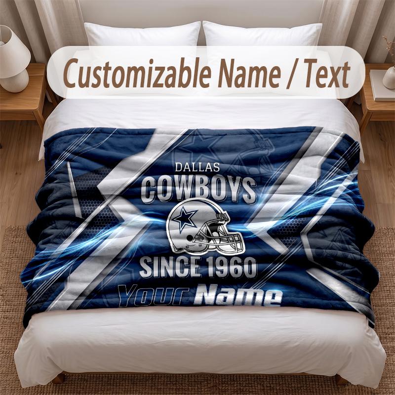 Dallas Cowboys Printed Flannel Blanket Custom Name Text Soft Warm Throw For Bedroom Holiday Gift