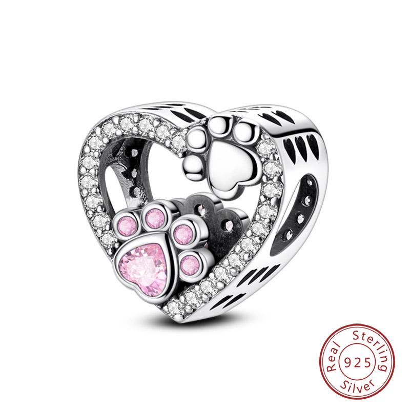 I Love My Pets Charms Beads 925 Silver Heart Shaped Pink Zircon Claws Pendants Fit Bracelets Fine DIY Birthday Jewelry