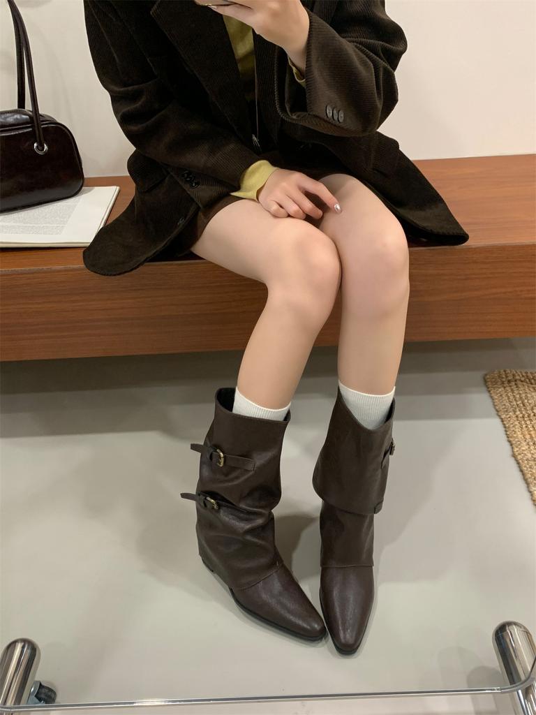 Pleated belt buckle stack boots women's trouser boots 2025 autumn and winter new thick heel medium tube knight boots Martin boots
