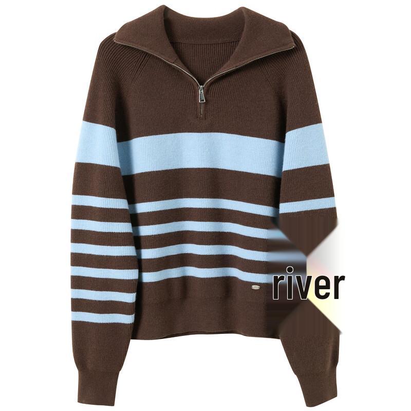 Sancai 2025 Autumn Striped Knit Sweater with Zipper Turn-down Collar