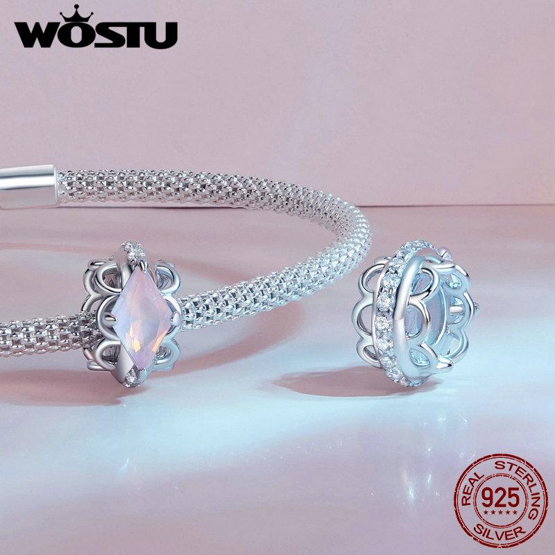 WOSTU 925 Sterling Silver Pink Couple Hearts Charm Star Bear Beads Dolphin Pendants Fit Original Bracelet DIY Jewelry