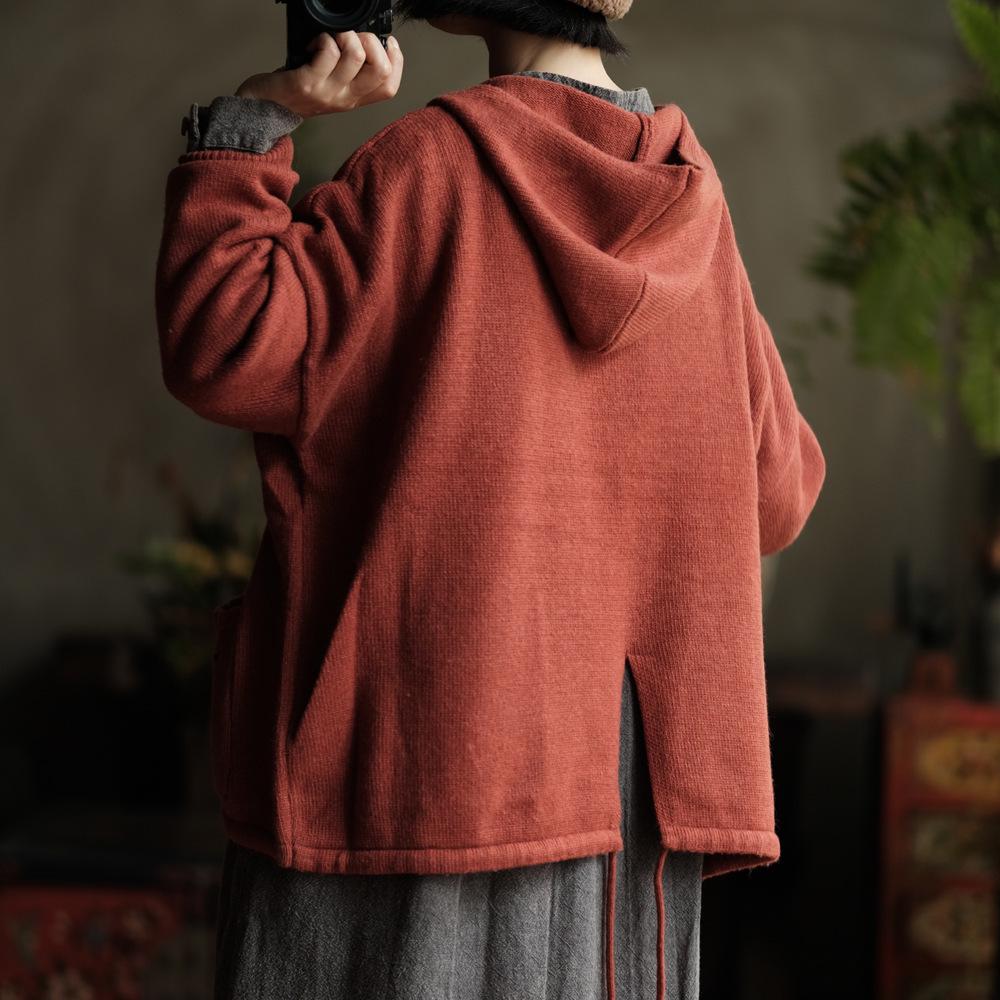 Vintage Wool V-neck Hooded Sweater in Orange