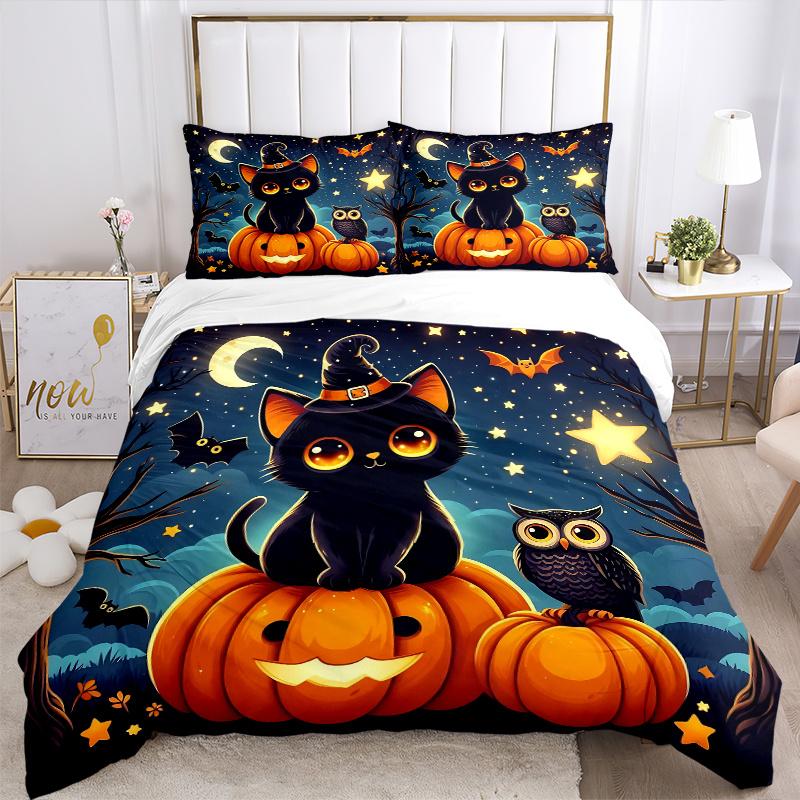 3pcs Starry Sky Cat and Owl Halloween Print Cover Set Ultra Soft, Breathable, and Comfortable Bedding with Stylish Design for Bedroom and Guest R