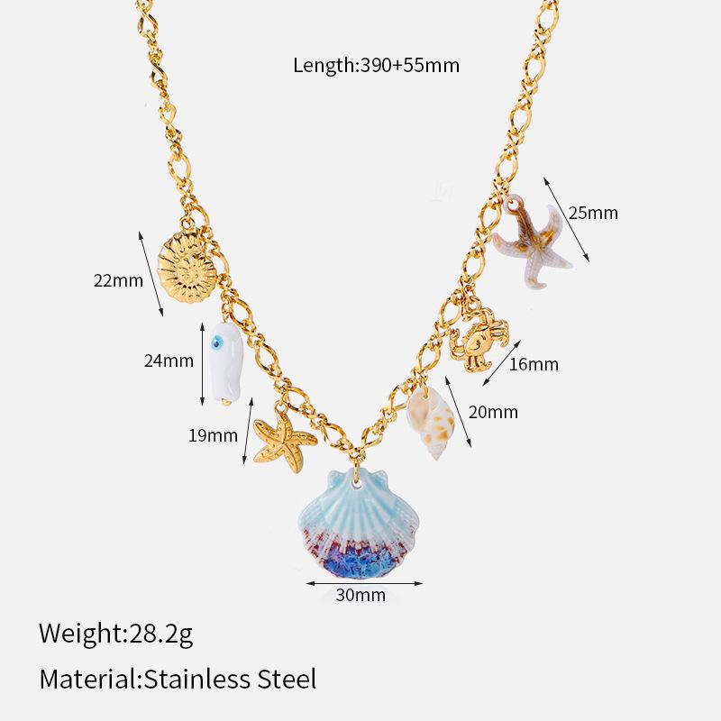 High-end light luxury ocean-style gold chain necklace for women, multiple pendants, shells, starfish, and bear fashion accessories