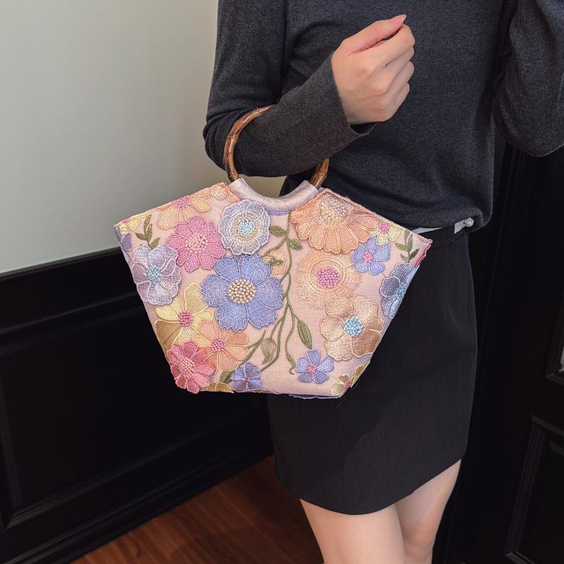 New Chinese Style Bamboo Knot Handbag for Women, New Mesh Embroidery Sequin Decal Holiday Style Tote Bag