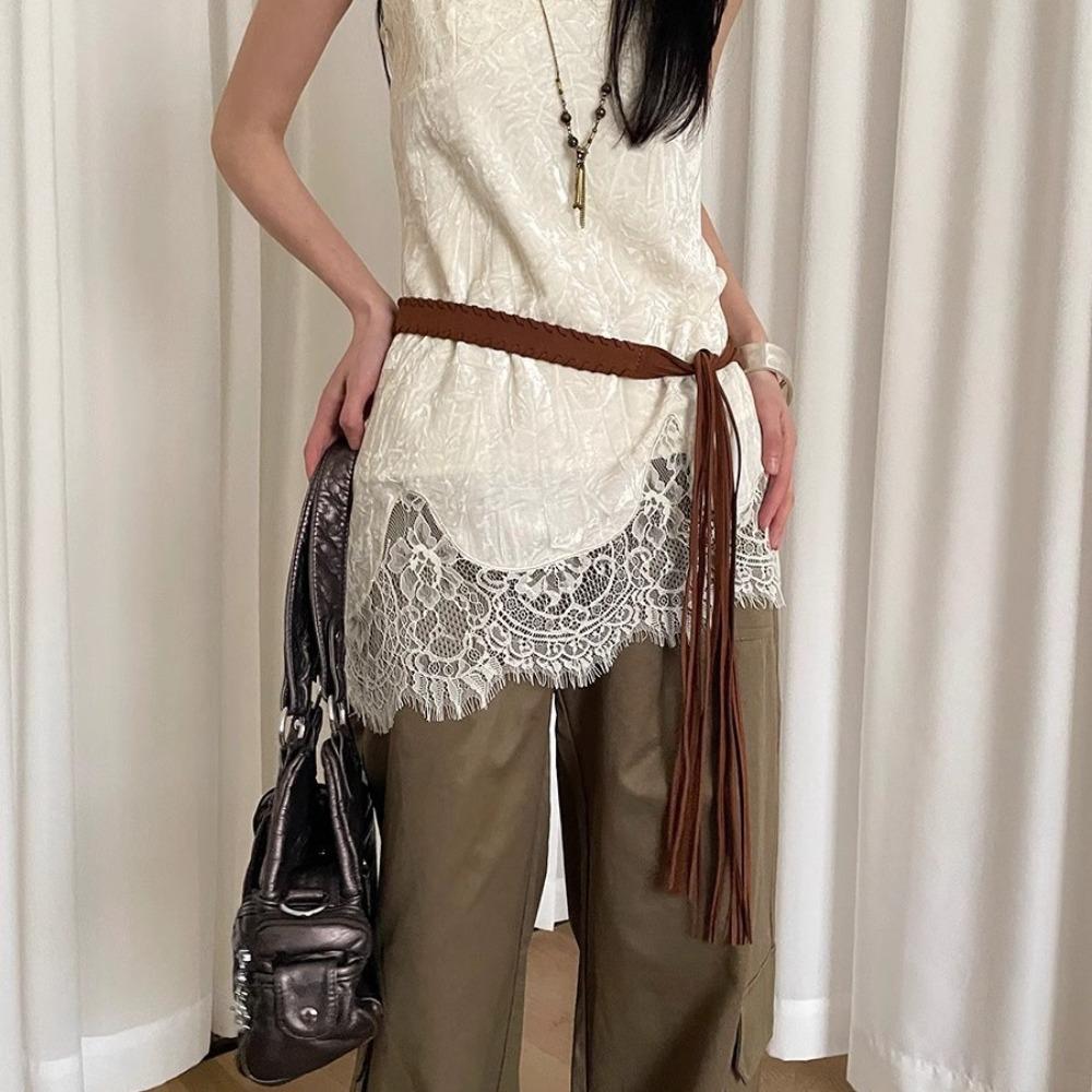 

Thin Bohemian Waist Rope PU Tassels Waistband Fashion Ethnic Style Belt Ladies кавовий