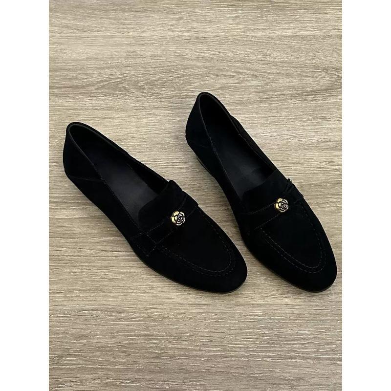 Sheepskin Version~ Small Leather Shoes, Genuine Leather Camellia Women's Round Head, One Pedal, Matte Medium Thick Heel Single Shoes