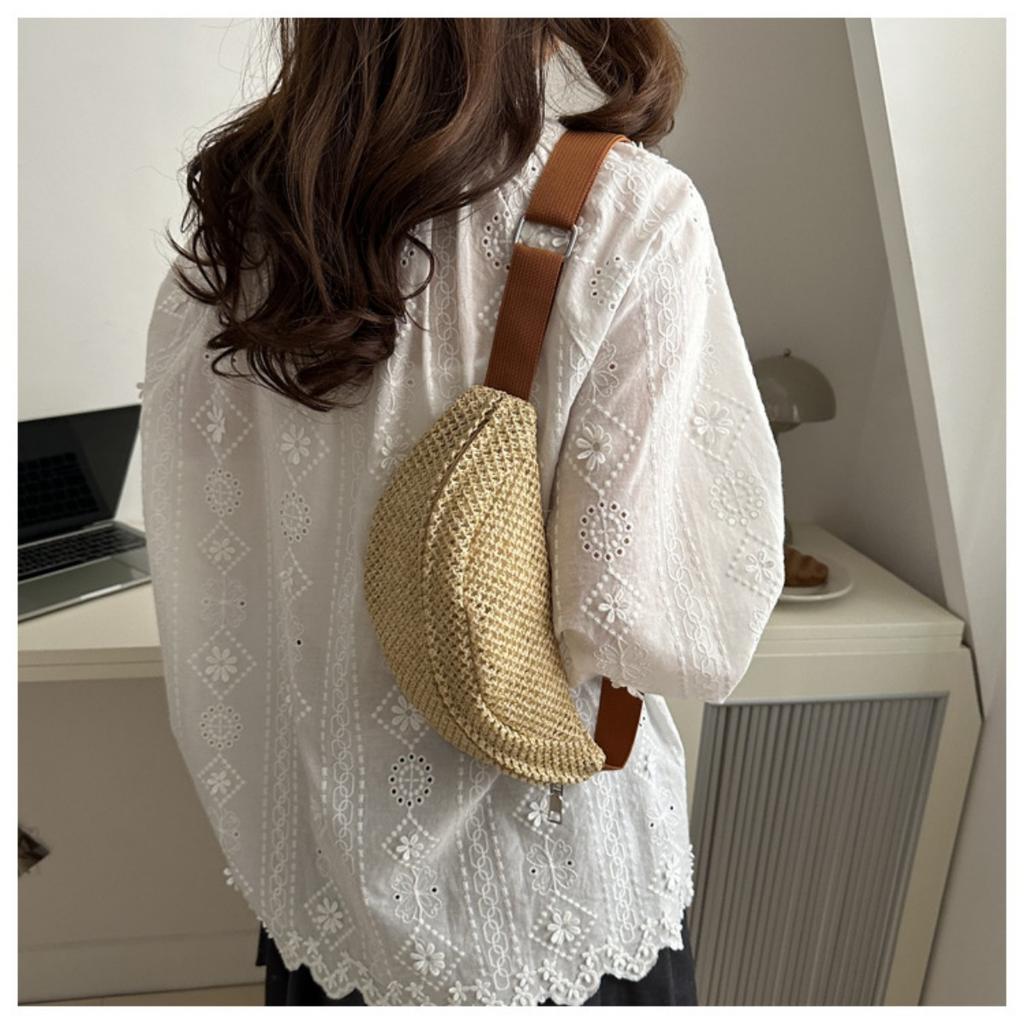 Women'S Stylish Woven Chest Bag - Light Brown, Crossbody Sling Phone Pouch with Zipper Closure, Versatile Waist Pack for Beach, Beach Bag