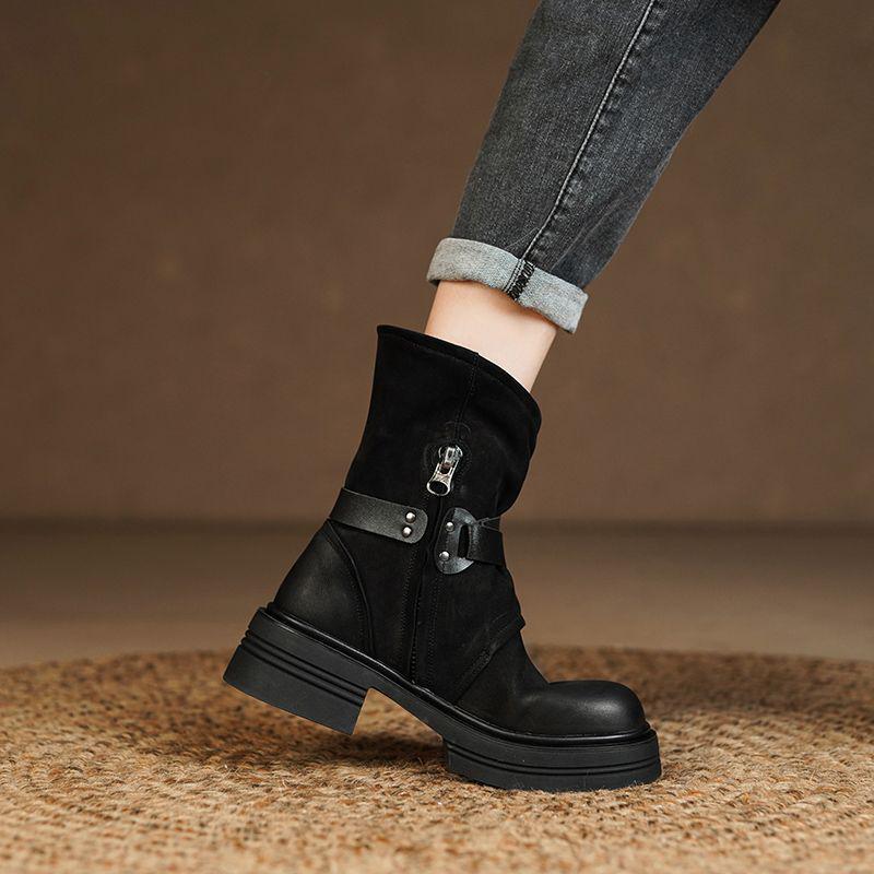 Brand Heavy British Retro Genuine Leather Lace-Up Martin Boots, Chunky Mid-Heel Ankle Design for Women