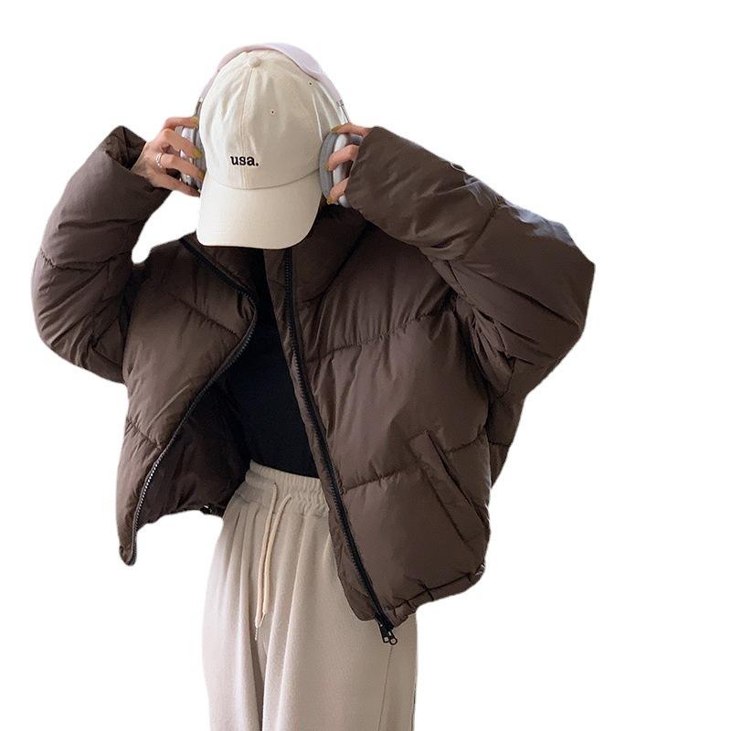 Women Short Medium Length Down Jacket Winter Warm Stand Collar Solid Color Casual Outerwear Coat