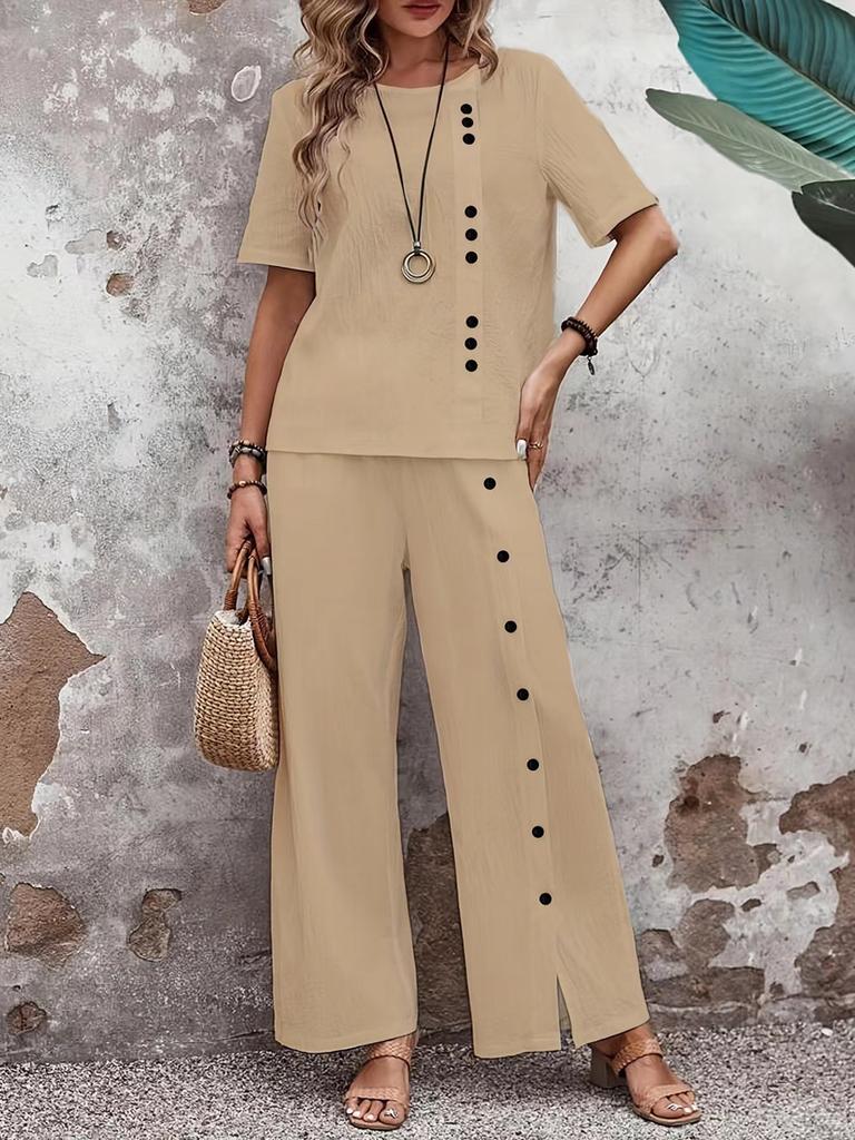 Oversized Cotton Linen Fashion Casual Two-Piece Set Short Sleeve Button Loose Wide Leg Pants Women's Clothing