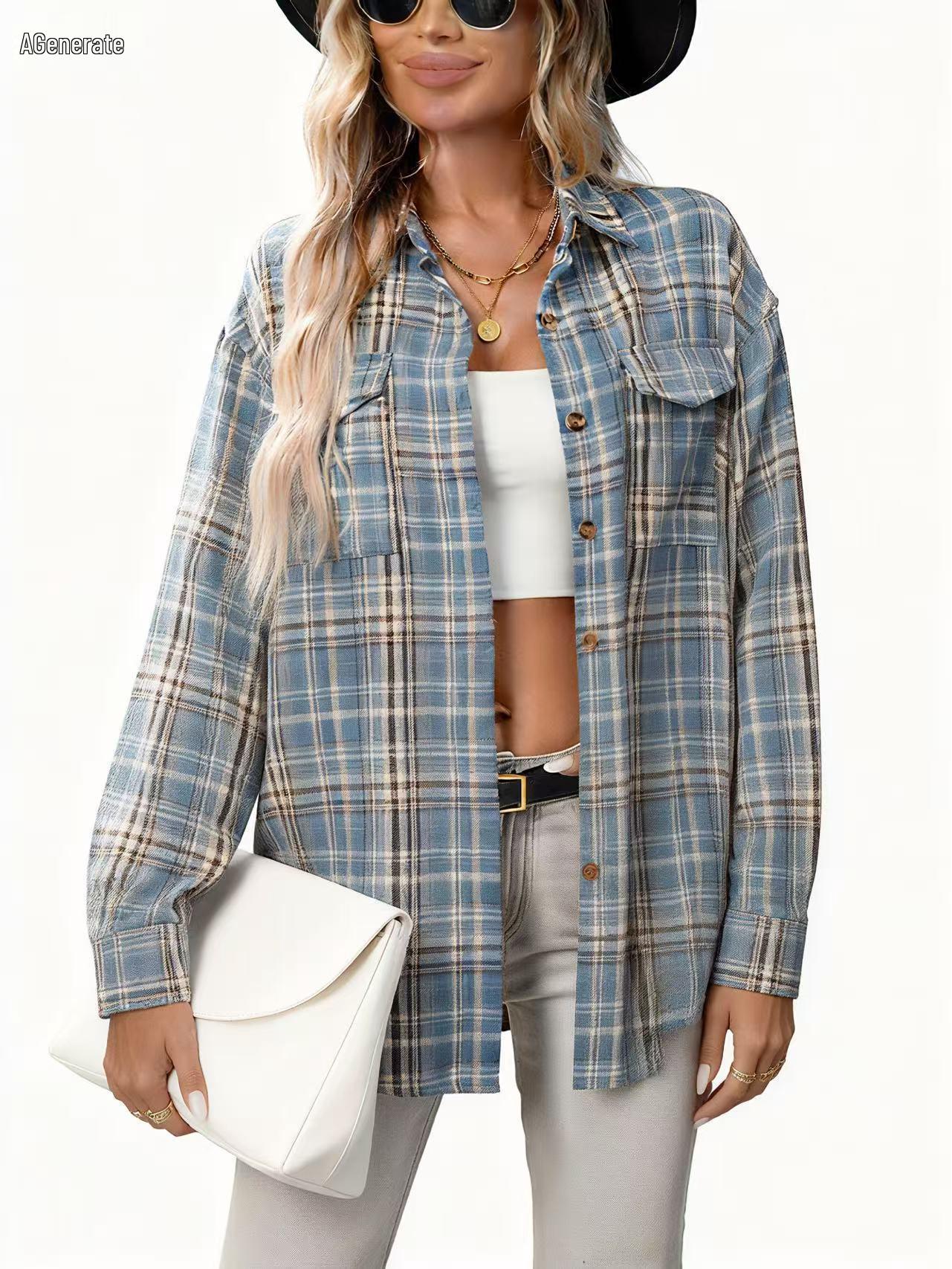 European & American Women s Casual Plaid Pocket Shirt – Autumn Winter 2025 Collection XX-Large