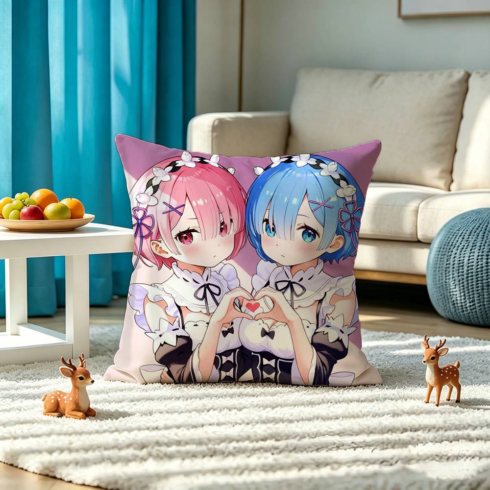Starting Life in Another World Ram Rem Pillow Case Square Double-Sided Sofa Cushion Cover Bedroom Bedside Pillow