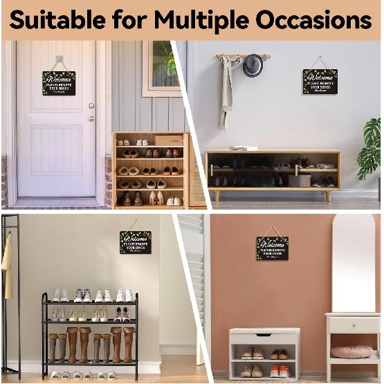 2 Pack Please Remove Your Shoes Front Door Signs - Aluminum Welcome Take Off Your Shoe Sign for Home with Hanging Rope - No Shoe Signs for House