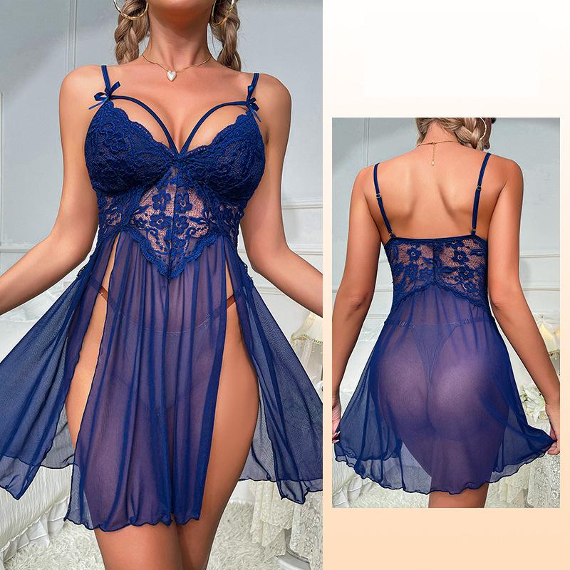 Ladies Summer Sexy Mesh See-through Lace Embroidered Sling Pajamas