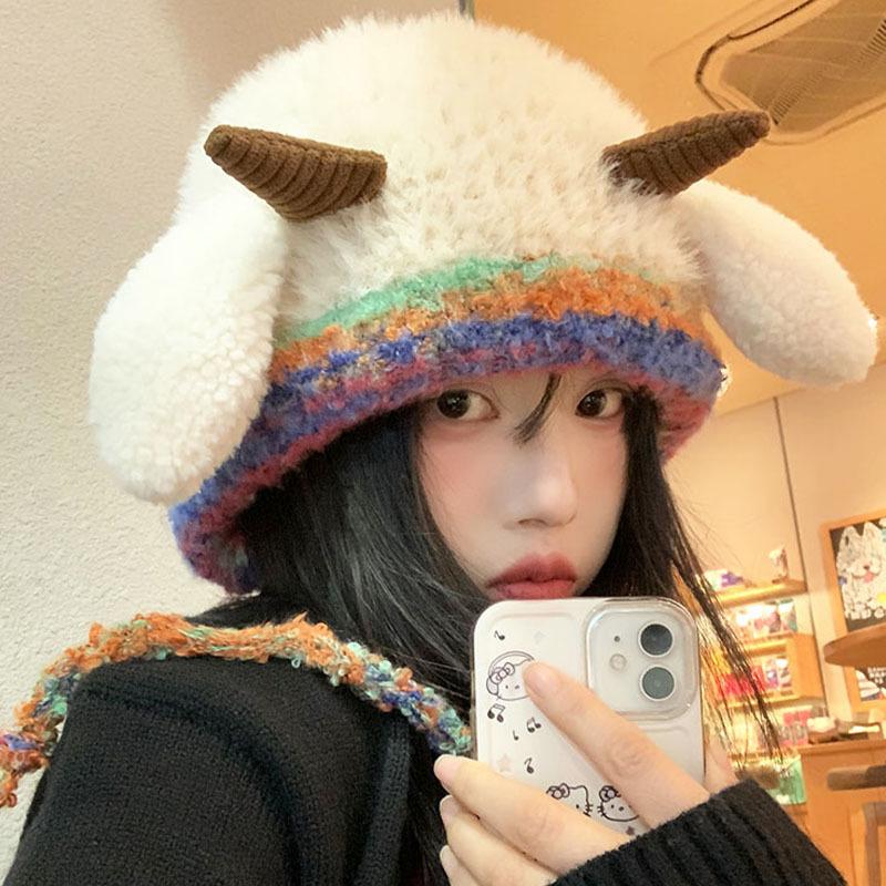 Cute lamb ears plush hat women's winter new season warm ear protection wool hat knitted winter hat