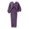 Elegant Pleated Midi Dress With Batwing Sleeves V-Neck Slim Fit Office Wear