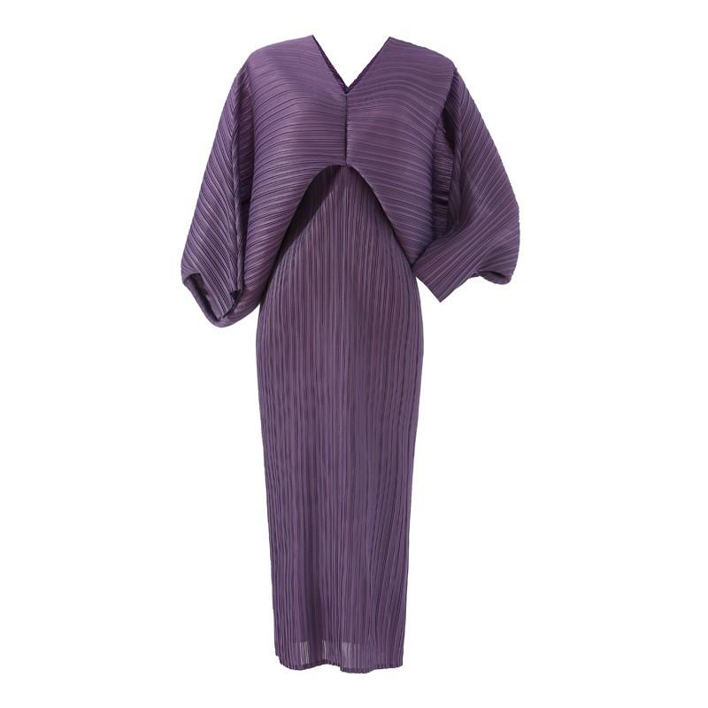 Elegant Pleated Midi Dress With Batwing Sleeves V-Neck Slim Fit Office Wear