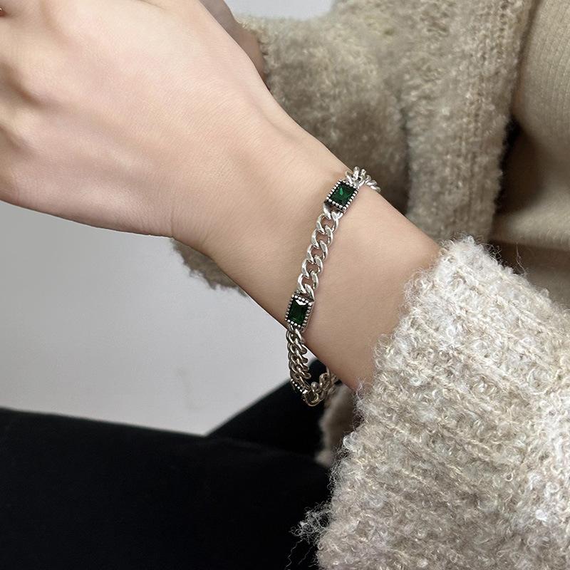 Micro-set emerald chain bracelet women's retro old light luxury niche design colorful treasure emerald bracelet for girlfriend