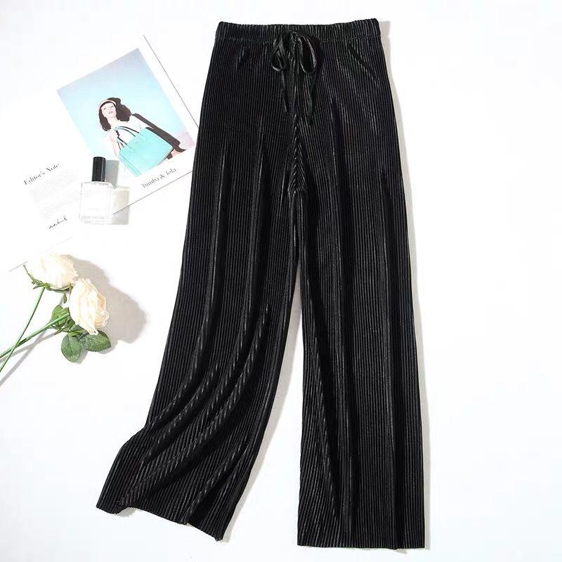 2025 Spring Summer Women's Ice Silk Chiffon Pleated Wide-Leg Loose Casual Long Pants