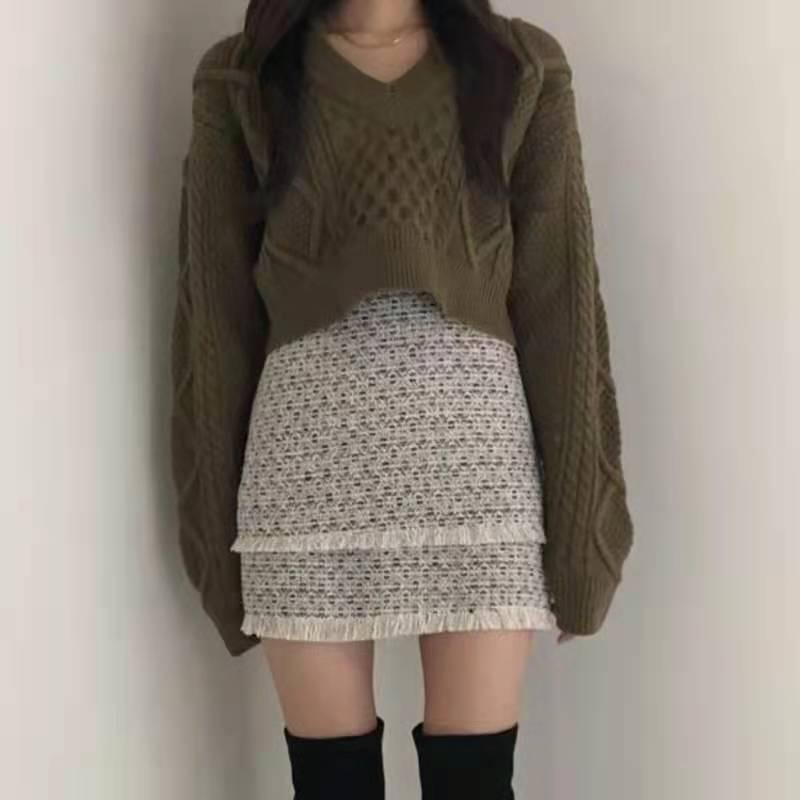 

Autumn Winter Korean Fashion V Neck Back Waist Lace Up Short Sweater Knitted Pullover Bandage Loose Tops Long Sleeve Twist Sweaters Sweet Clothing one size армия зеленый