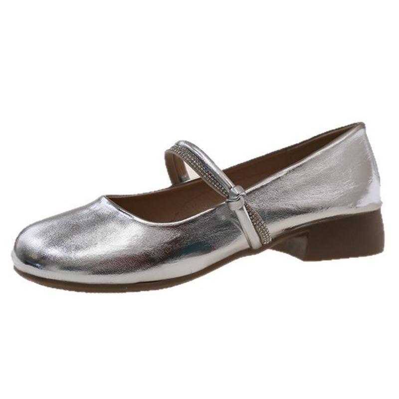 Coarse-heeled single shoes for women's spring and autumn new rhinestones with skirts, shallow mouth and small leather shoes for women