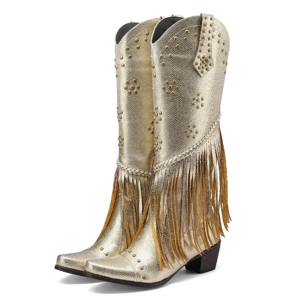 

Западные ковбойские сапоги с бахромой до колена для женщин, золотистые, красные, под змеиную кожу, на высоком каблуке, с искривленным острым носком, с заклепками, ковбойские, на молнии, высокие сапоги 43 золотой