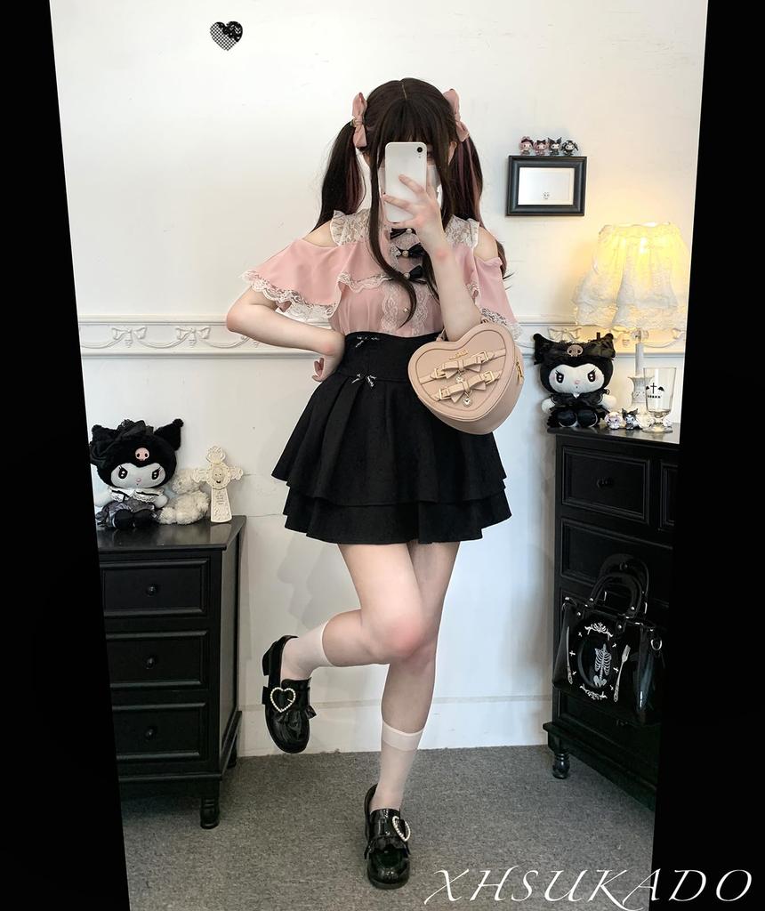 Short Detachable and Lolita Neat and Girly [XHSUKADO] Women's Open-Shoulder Blouse, Cute, Stand-Up Collar, Sleeves, Ribbon, Ruffles, Lace.