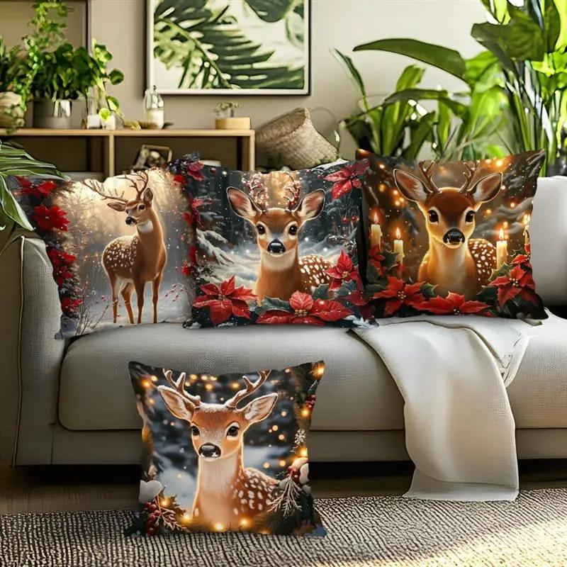 Home Decor Deer With Poinsettia And Holiday Lights Pattern Cushion Covers For Sofa Bedroom Car Pillow Covers