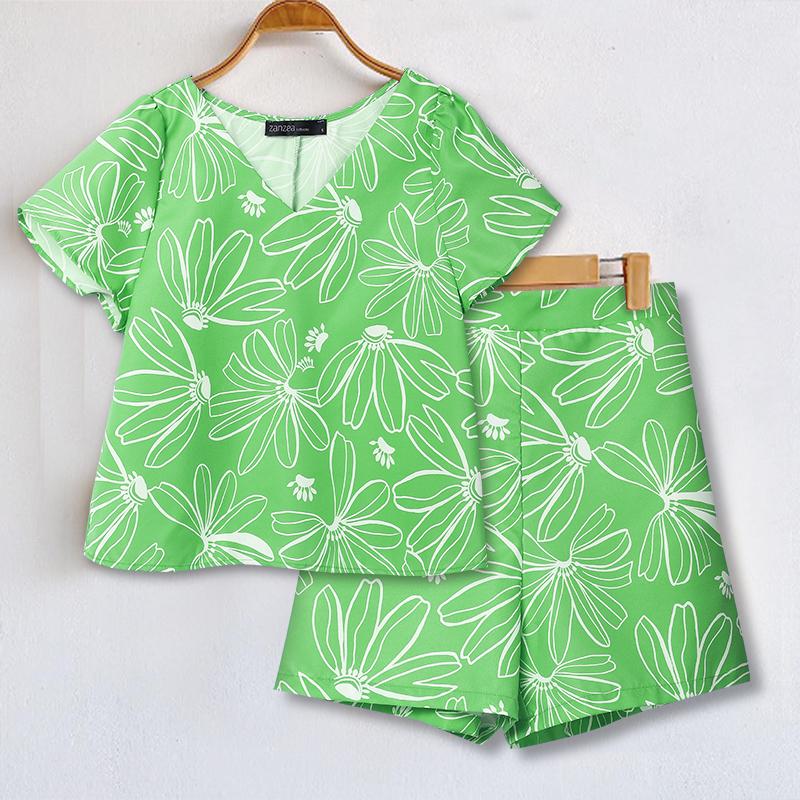 ZANZEA Women Short Sleeve Blouse and Shorts Summer Print Two Piece Suit Sets