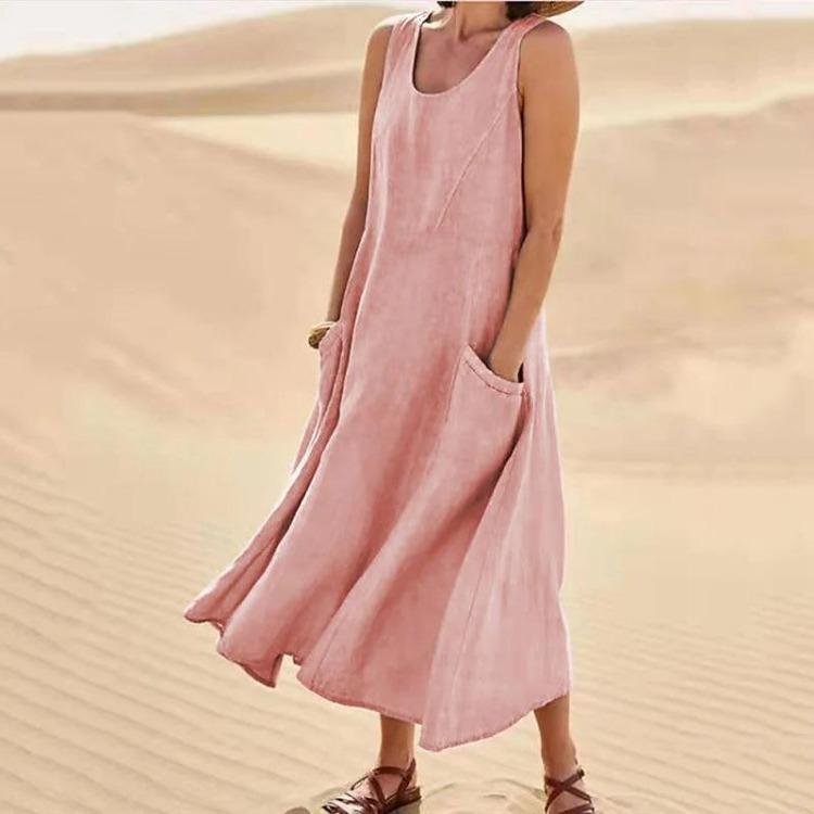 Ladies Summer Cotton Linen Dress European American Style Round Neck Sleeveless Pocket