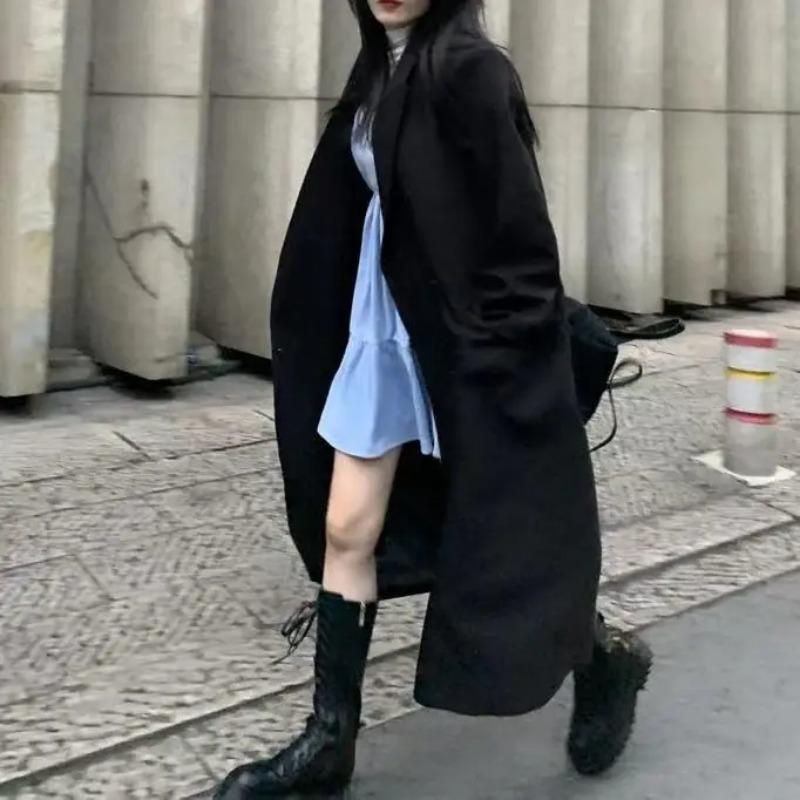 Long Black Temperament Coat Jacket Women Windbreaker Women's Mid Length Suit Women's High-end