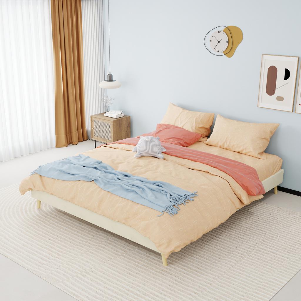 Modern Minimalist Bed Frame, 160x200 cm, Beige, Dutch Velvet Fabric, Bedroom Furniture. Excludes Gas Lift Mechanism, Headboard, and Mattress.
