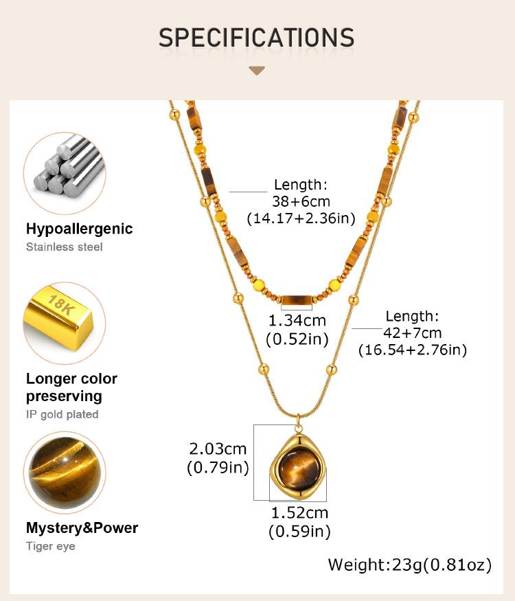 Collier œil de tigre naturel pour femme, Collier ras-de-cou superposé avec pendentif perlé style bohème, Bijou pierre irrégulière