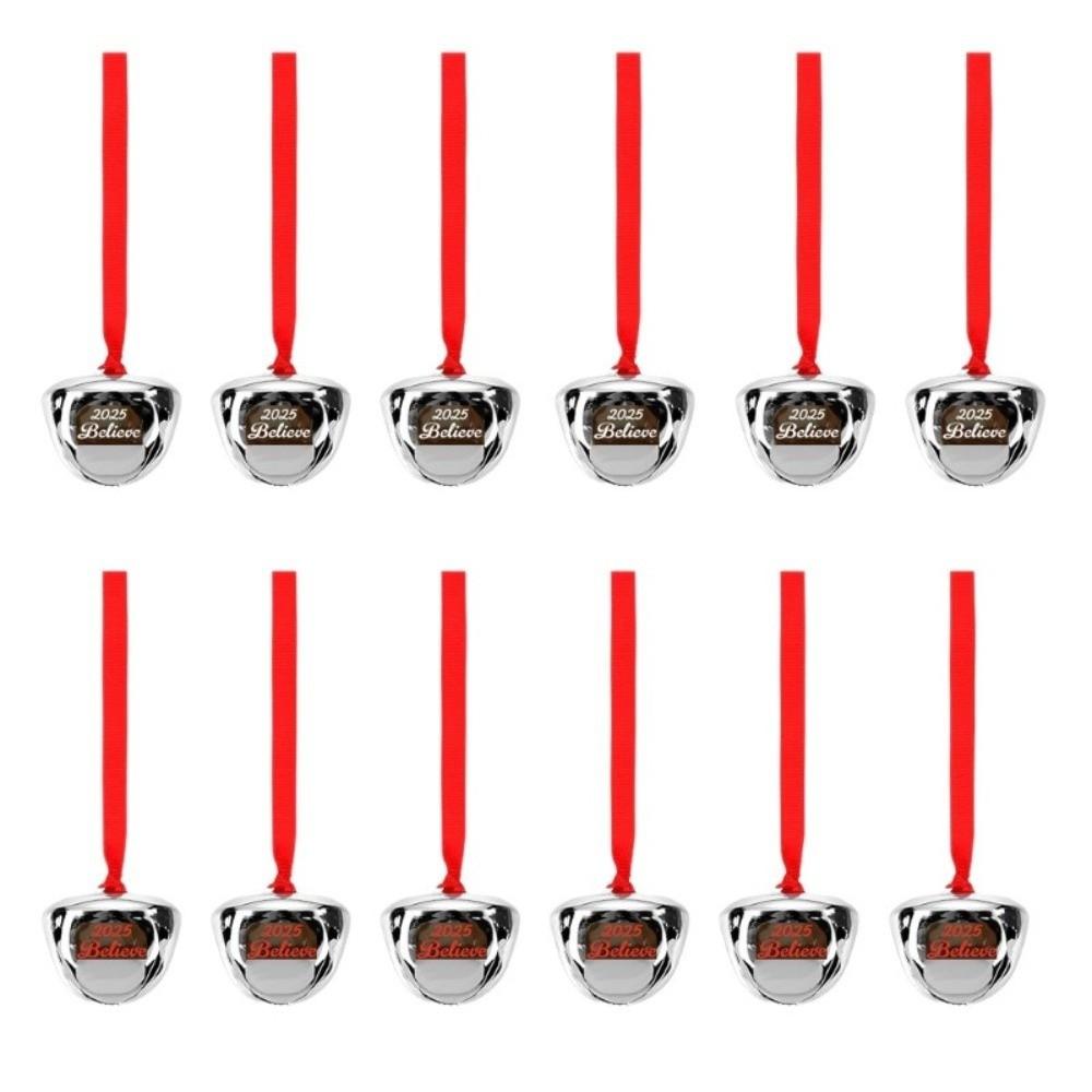 5pcs Red Ribbon Christmas Tree Bells Metal Letter Xmas Tree Ornament Home Garden Decor